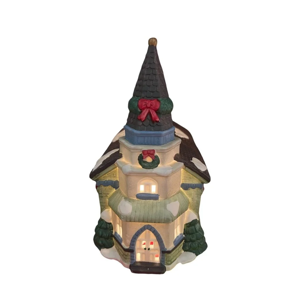 Trim A‎ Home Light Up Christmas Village Porcelain Church Building Vintage w/ Box